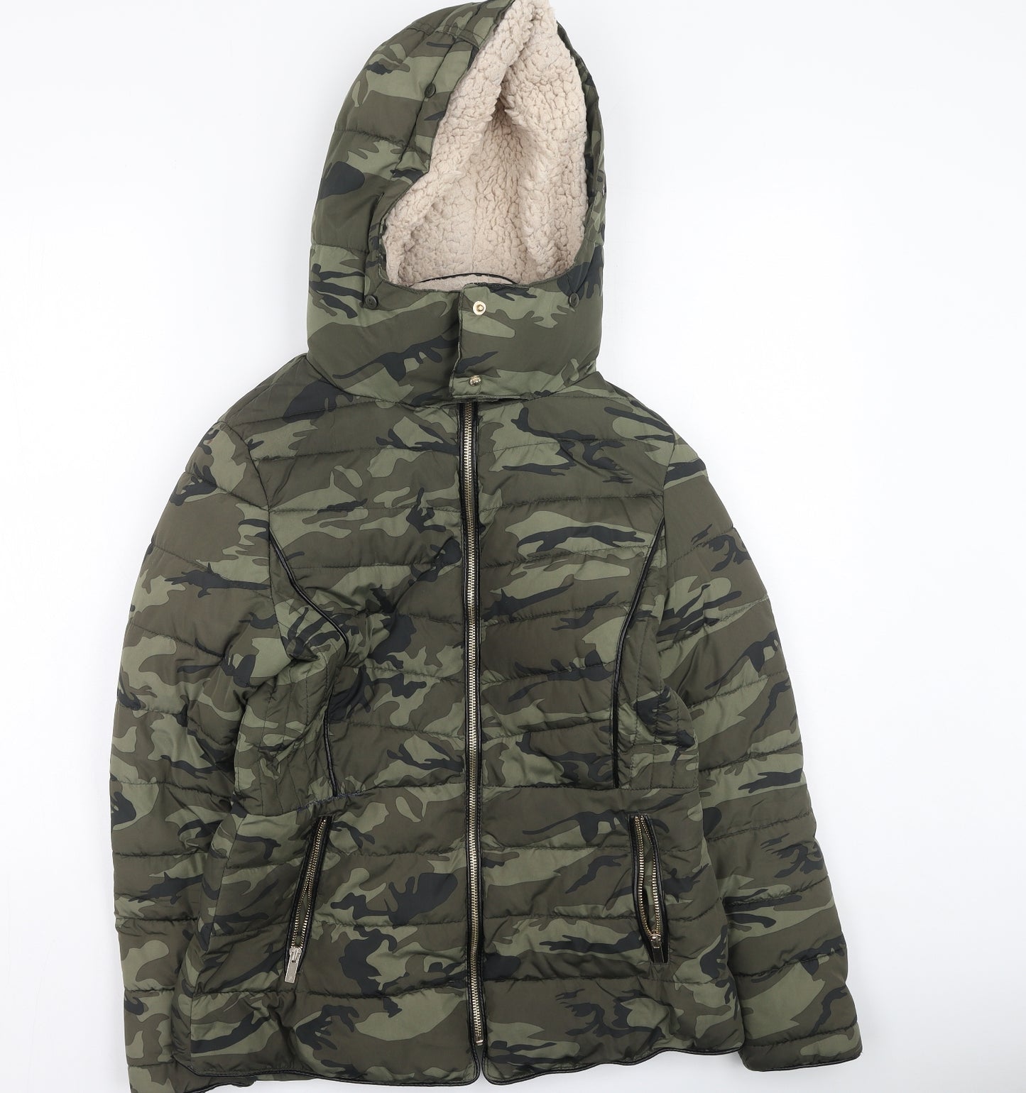 Preworn Womens Green Camouflage  Puffer Jacket Coat Size 10