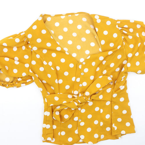 Preworn Womens Yellow Polka Dot Polyester Basic Blouse Size L V-Neck