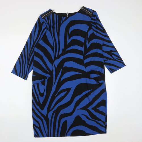 Wallis Womens Blue Geometric Polyester A-Line  Size 12  Round Neck Zip