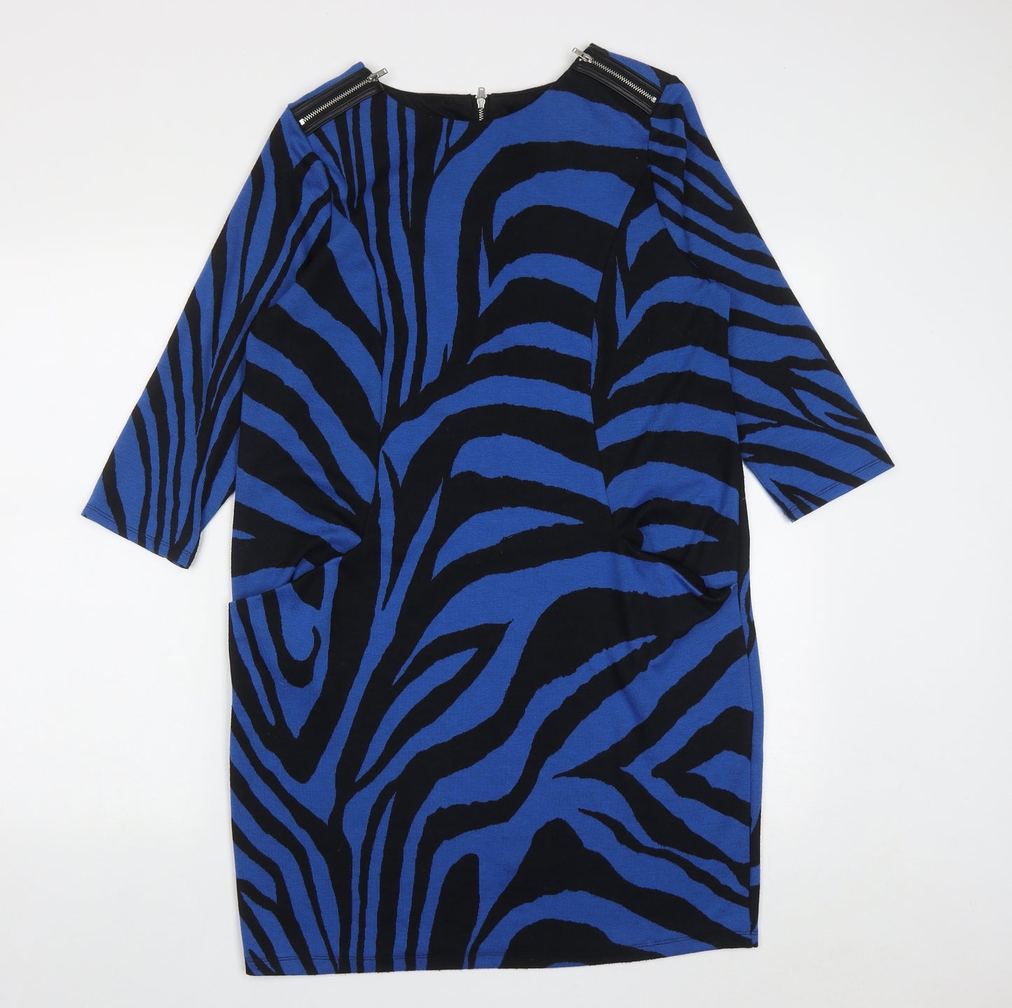 Wallis Womens Blue Geometric Polyester A-Line  Size 12  Round Neck Zip