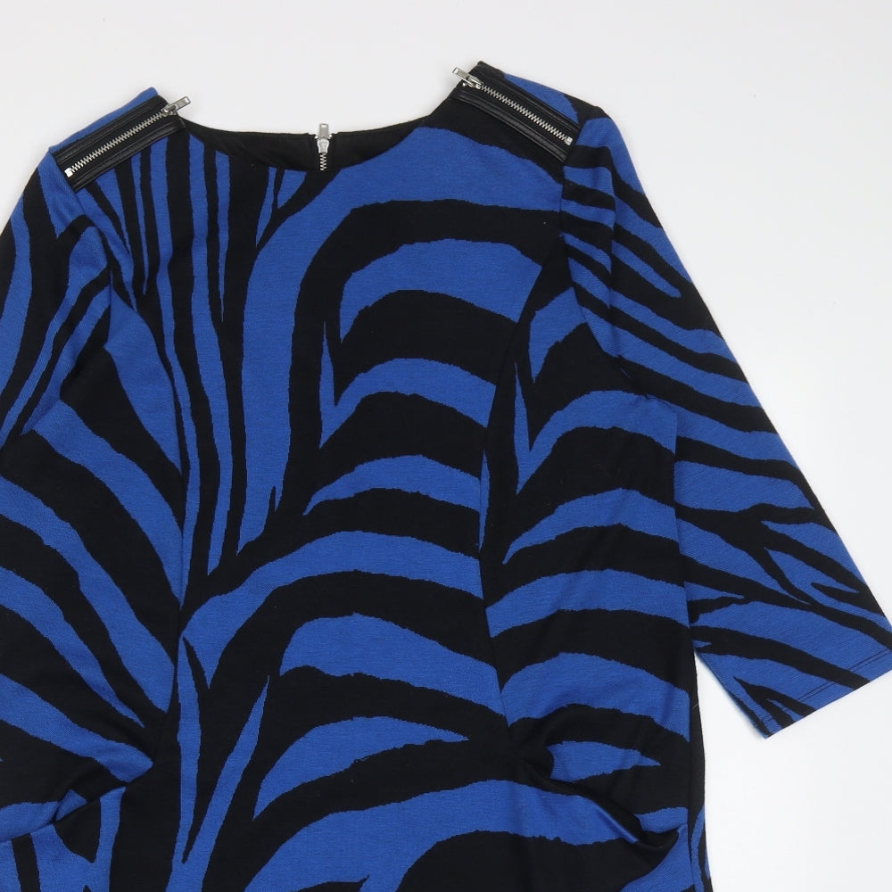 Wallis Womens Blue Geometric Polyester A-Line  Size 12  Round Neck Zip