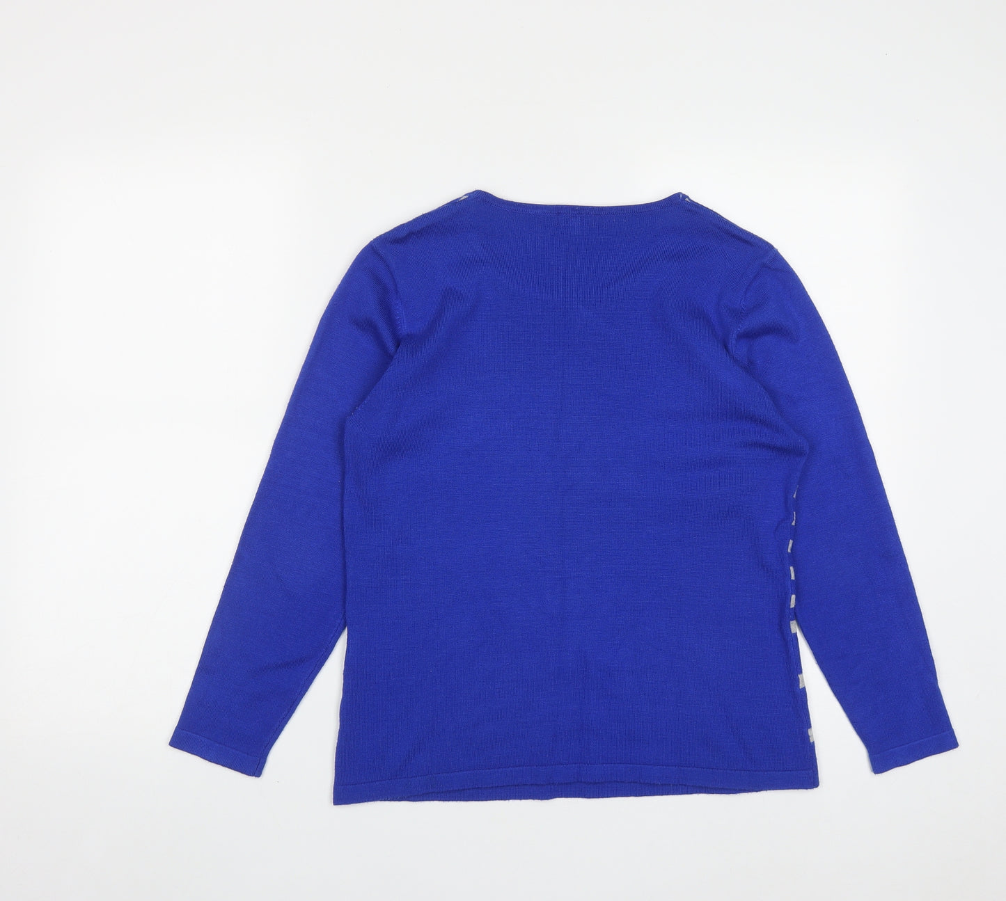 Text Womens Blue Round Neck Geometric Acrylic Pullover Jumper Size M