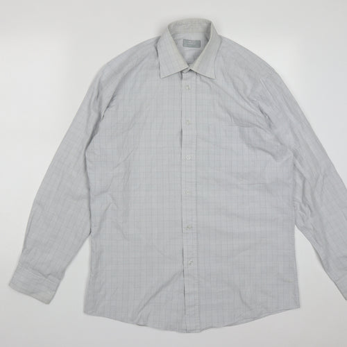 Dunnes Mens Grey Plaid Cotton  Button-Up Size 16 Collared Button