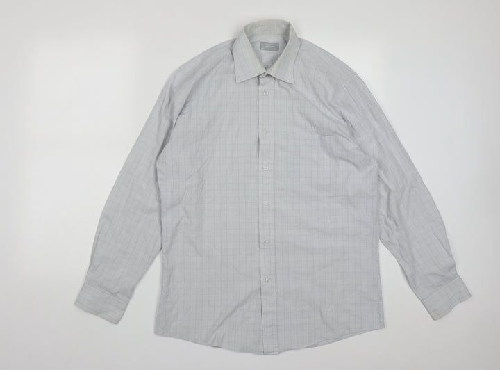 Dunnes Mens Grey Plaid Cotton Button-Up Size 16 Collared Button