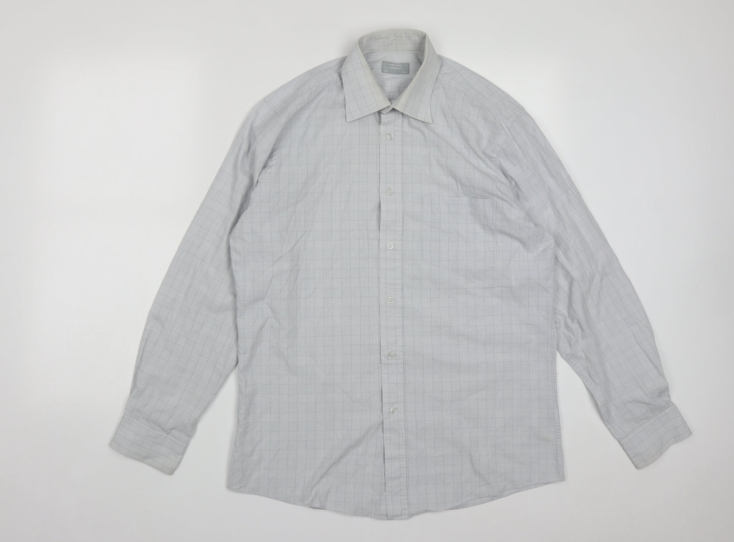 Dunnes Mens Grey Plaid Cotton  Button-Up Size 16 Collared Button
