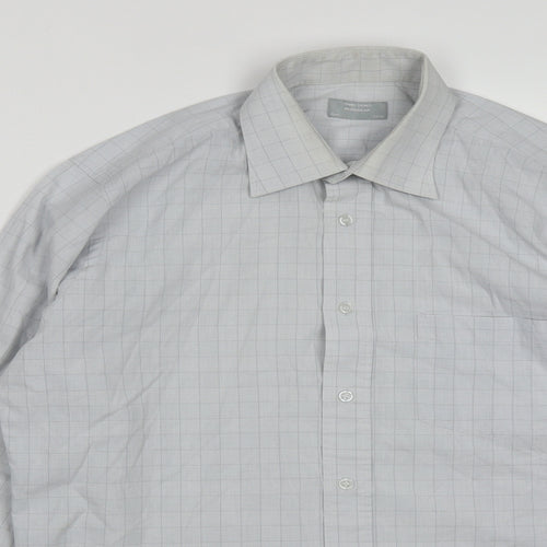 Dunnes Mens Grey Plaid Cotton  Button-Up Size 16 Collared Button