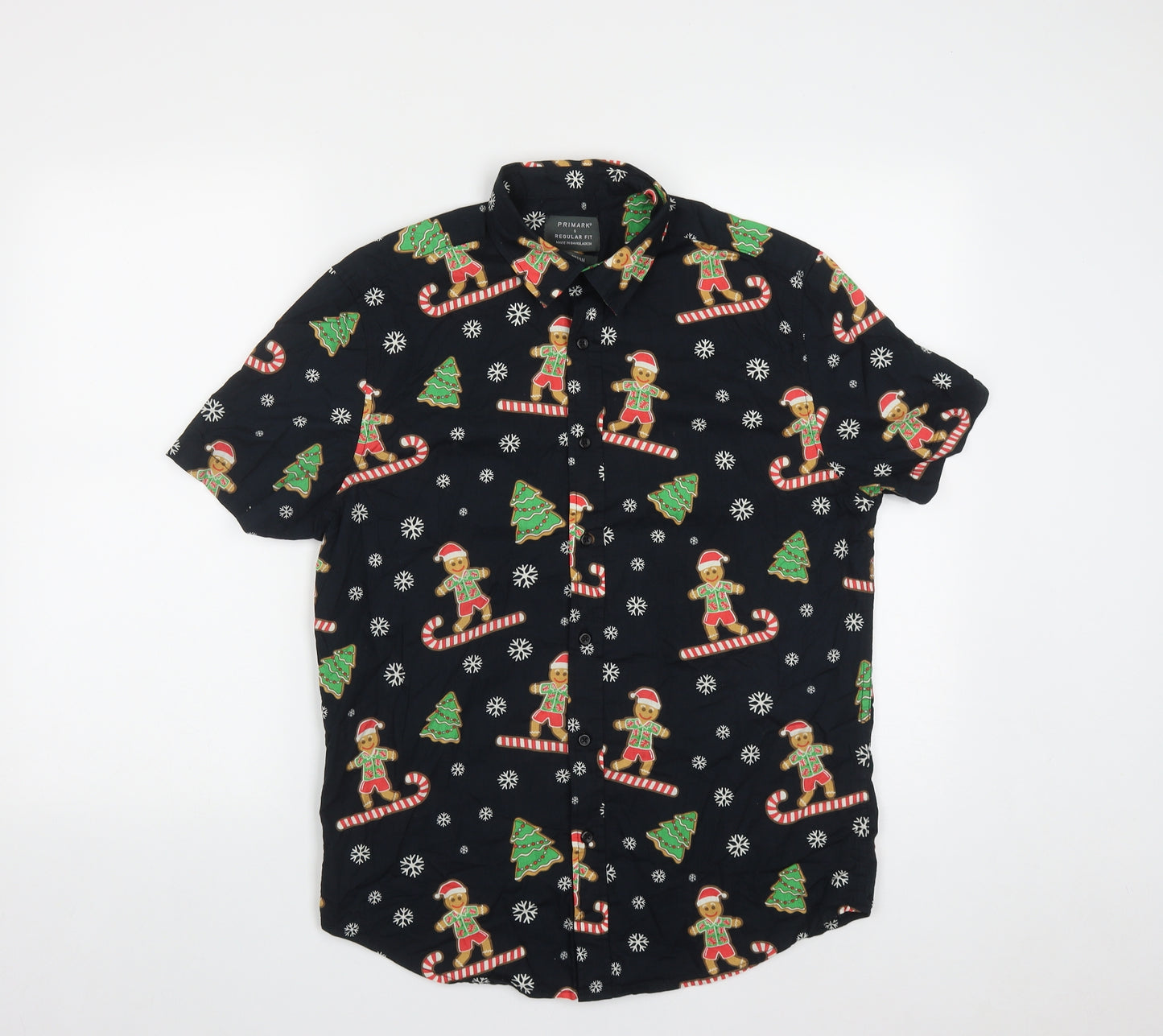 Primark Mens Black  Cotton  Button-Up Size S Collared Button - Christmas Shirt