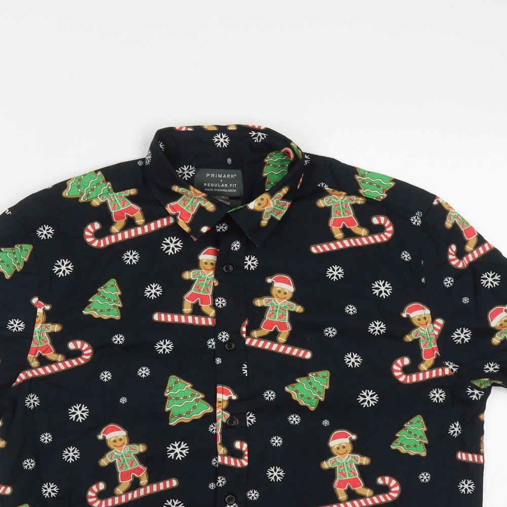 Primark Mens Black  Cotton  Button-Up Size S Collared Button - Christmas Shirt