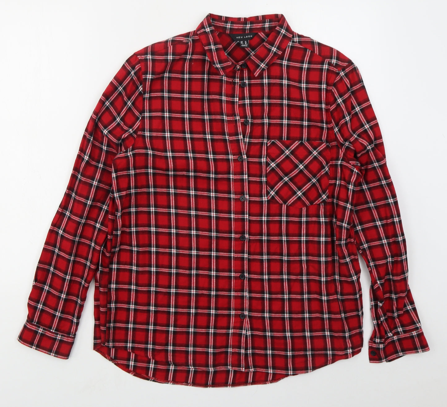 New Look Womens Red Check Cotton Basic Button-Up Size 14 Collared