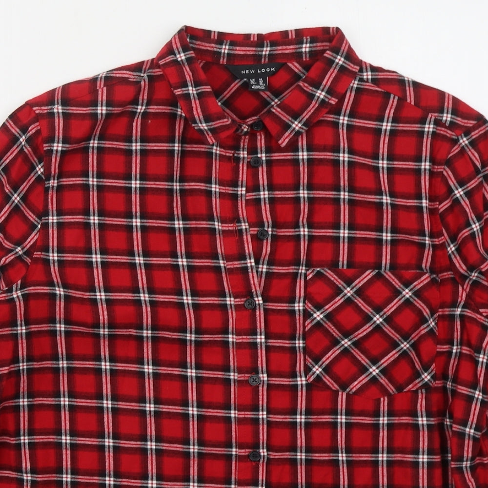 New Look Womens Red Check Cotton Basic Button-Up Size 14 Collared