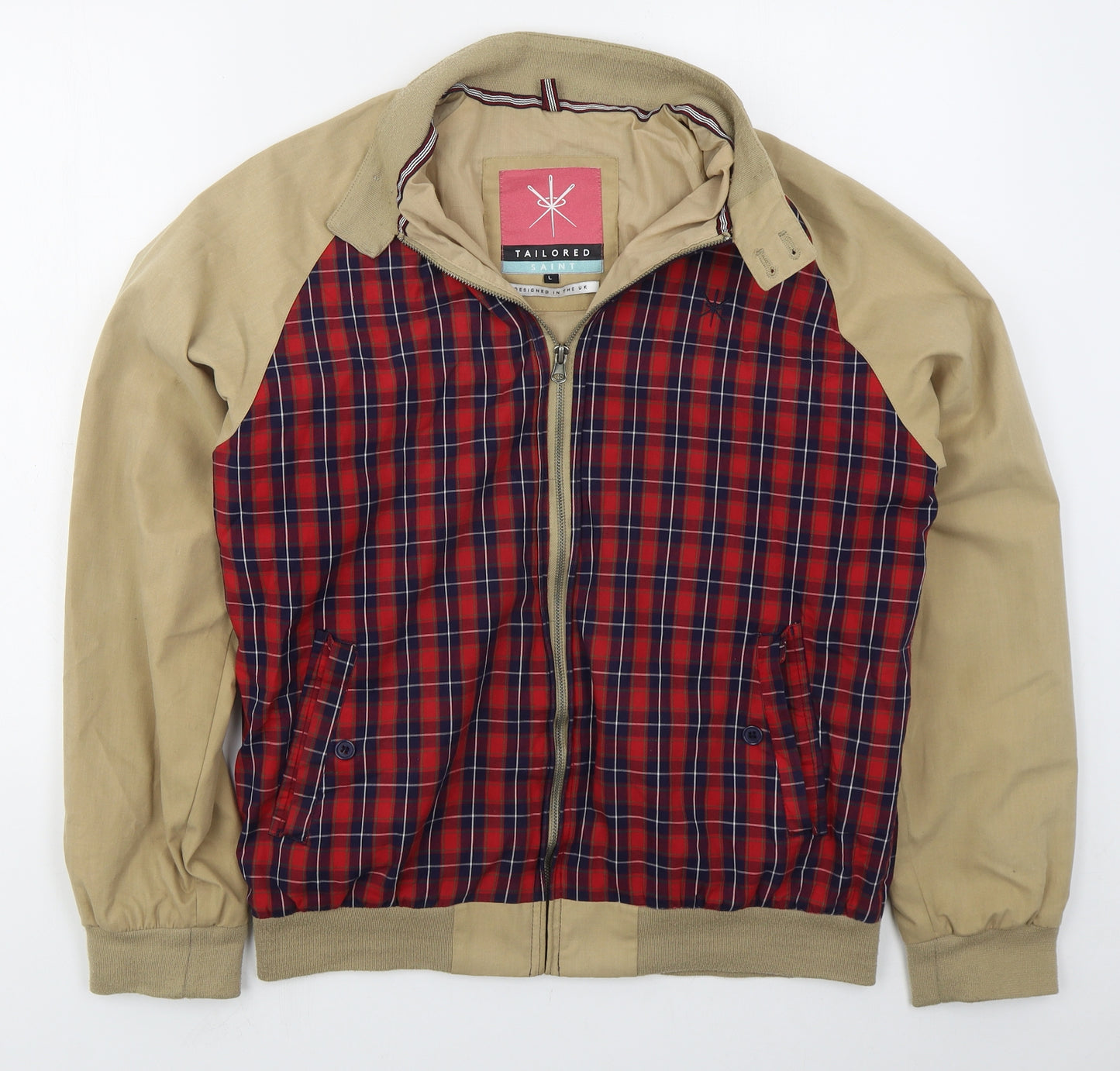 Tailored Saint Mens Beige Check  Jacket  Size L  Zip - Red