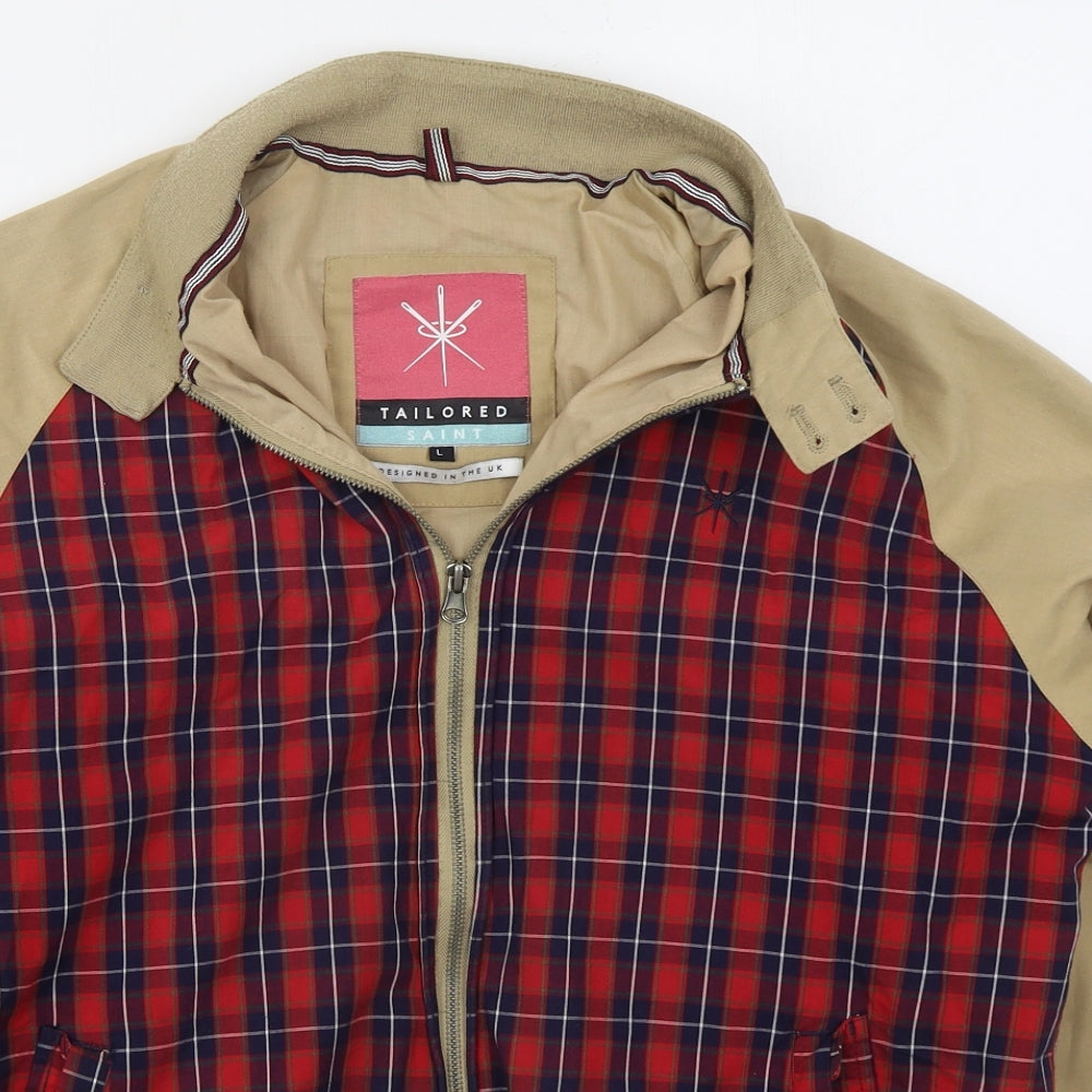 Tailored Saint Mens Beige Check  Jacket  Size L  Zip - Red