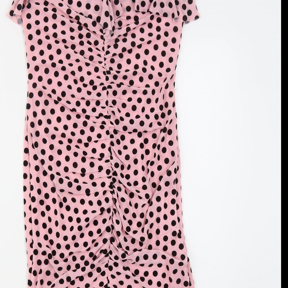 Boohoo Womens Pink Polka Dot Polyester Bodycon  Size 10  Sweetheart Zip