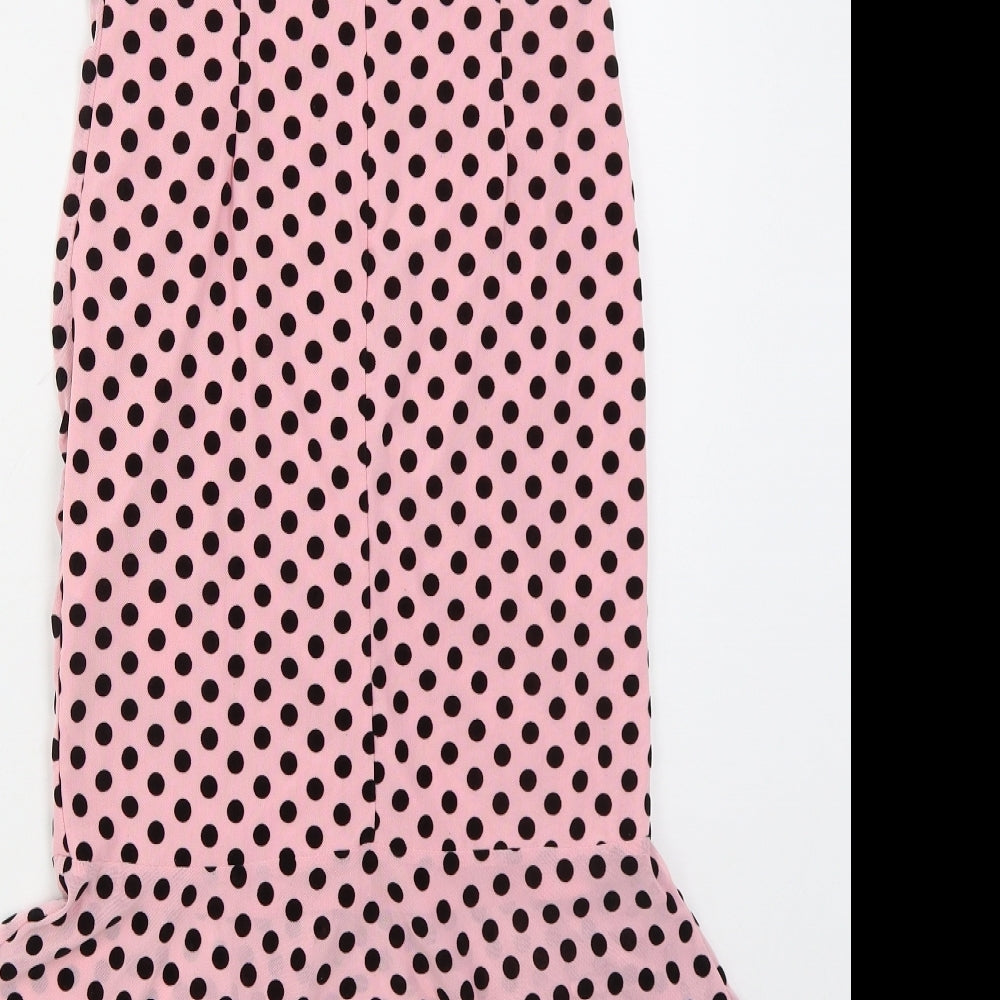 Boohoo Womens Pink Polka Dot Polyester Bodycon  Size 10  Sweetheart Zip