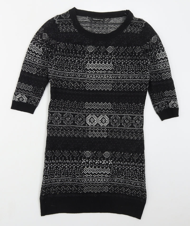 Warehouse Womens Grey Crew Neck Geometric Acrylic Pullover Jumper Size 8