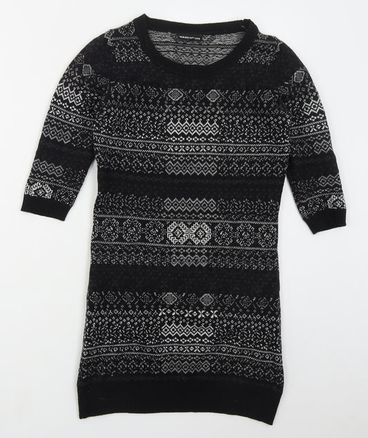Front view of Warehouse women’s grey crew neck geometric acrylic jumper, size UK 8