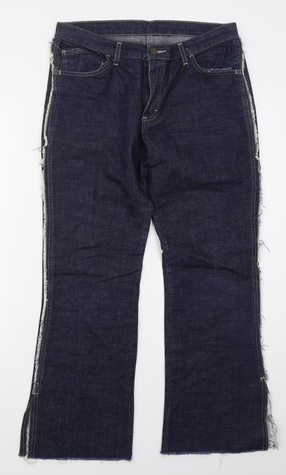 Preworn Womens Blue  Cotton Bootcut Jeans Size 32 in L29 in Regular Button - Frayed Sides and Hem