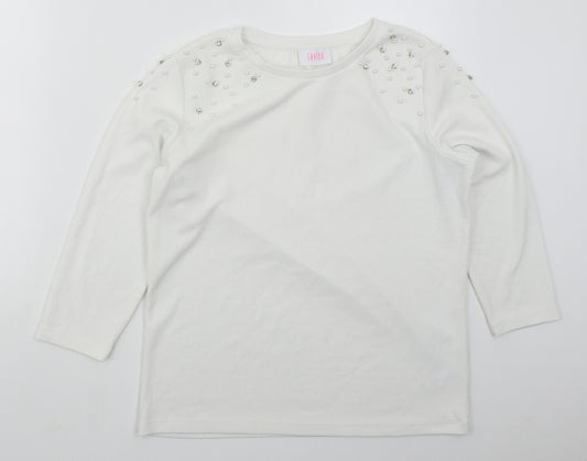 Front view of Savior women’s white polyester basic t-shirt, size L, crew neck