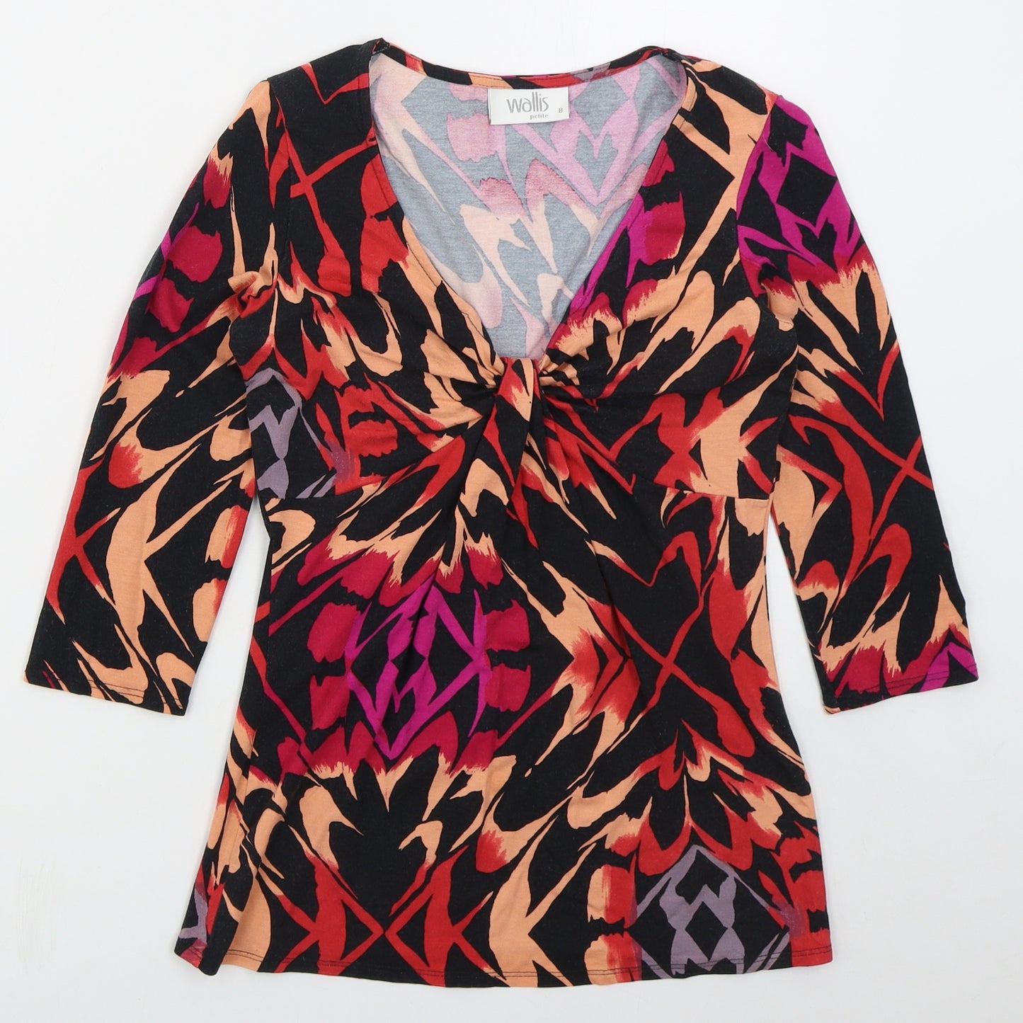 Wallis Womens Black Geometric Viscose Basic T-Shirt Size 8 V-Neck