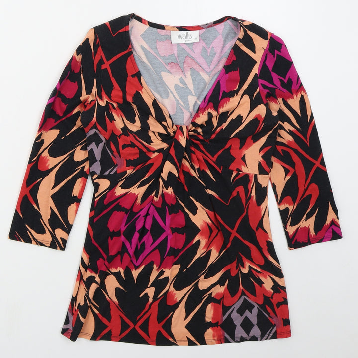 Wallis Womens Black Geometric Viscose Basic T-Shirt Size 8 V-Neck