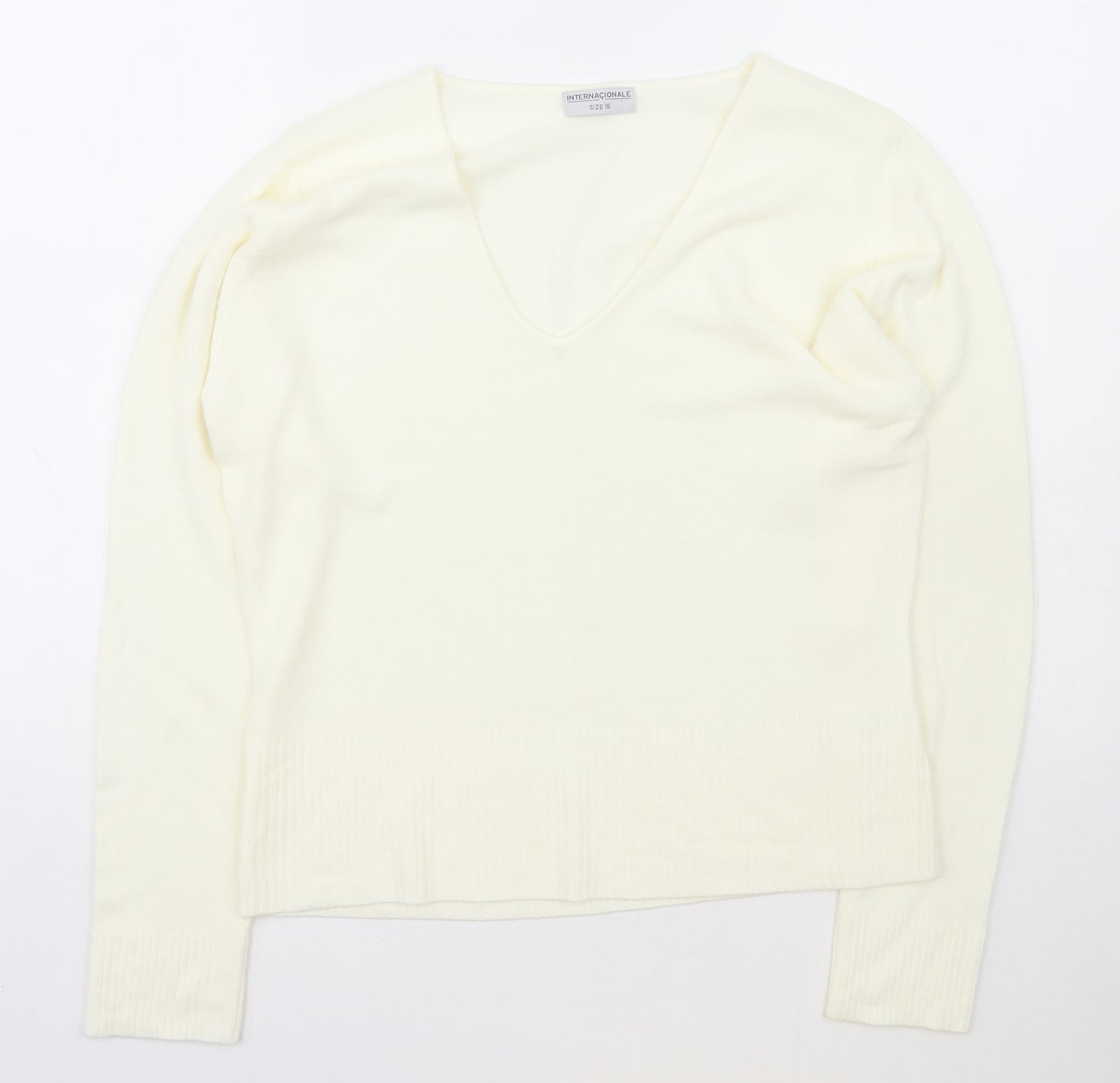 Internacionale Womens Ivory V-Neck  Acrylic Pullover Jumper Size 16