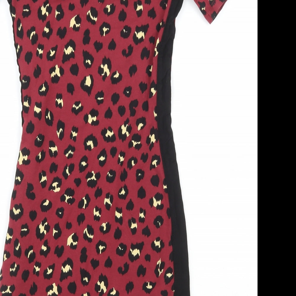 H&M Womens Red Animal Print Cotton Bodycon  Size 6  Scoop Neck Pullover