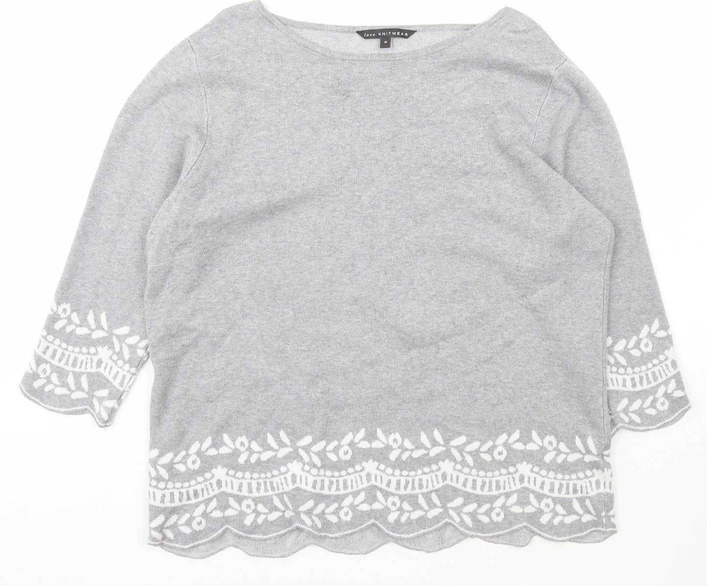 Love Knitwear Womens Grey Boat Neck Floral Viscose Pullover Jumper Size 18