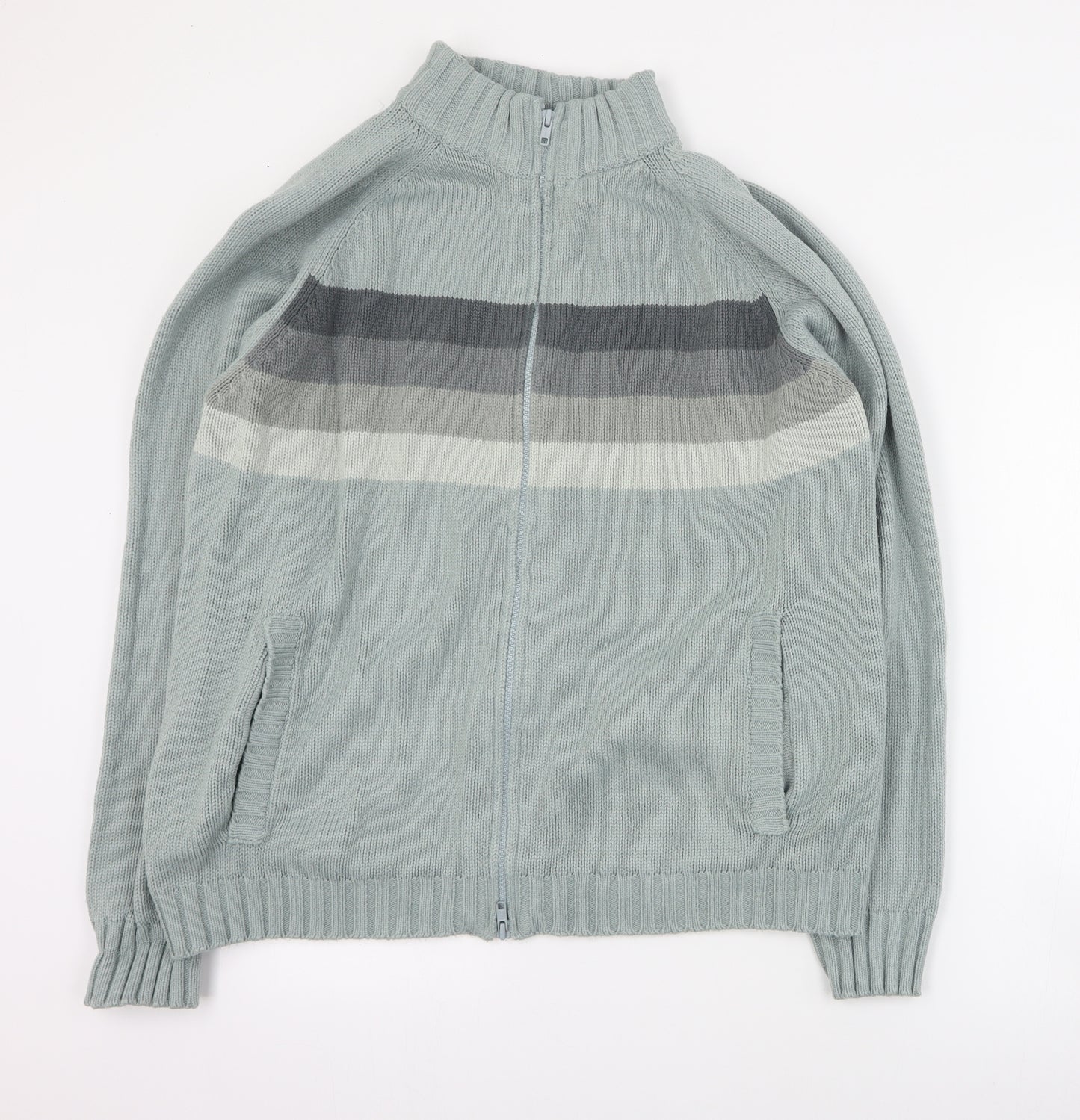 TOG 24 Mens Blue High Neck Striped Acrylic Full Zip Jumper Size M