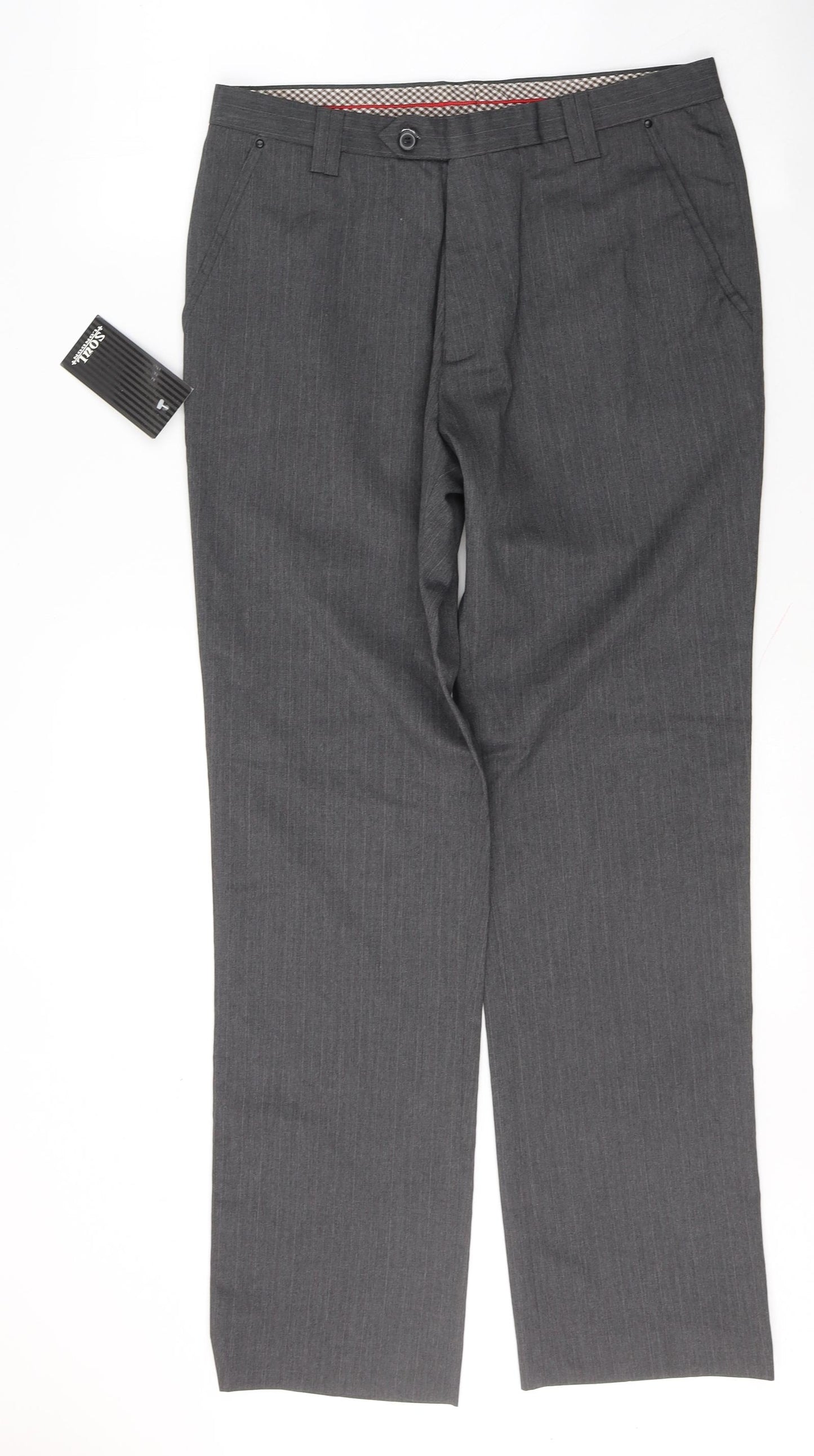 Soul London Mens Grey Striped Polyester Trousers  Size 32 L31 in Regular Button