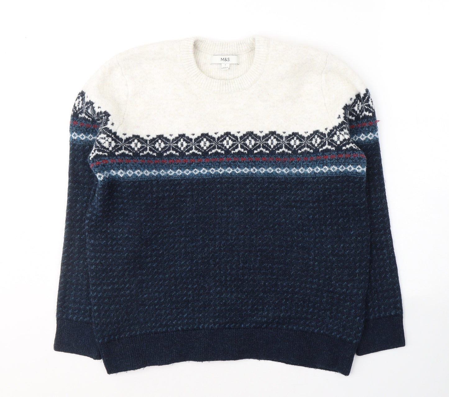 Marks and Spencer Womens Blue Round Neck Fair Isle Acrylic Pullover Jumper Size L