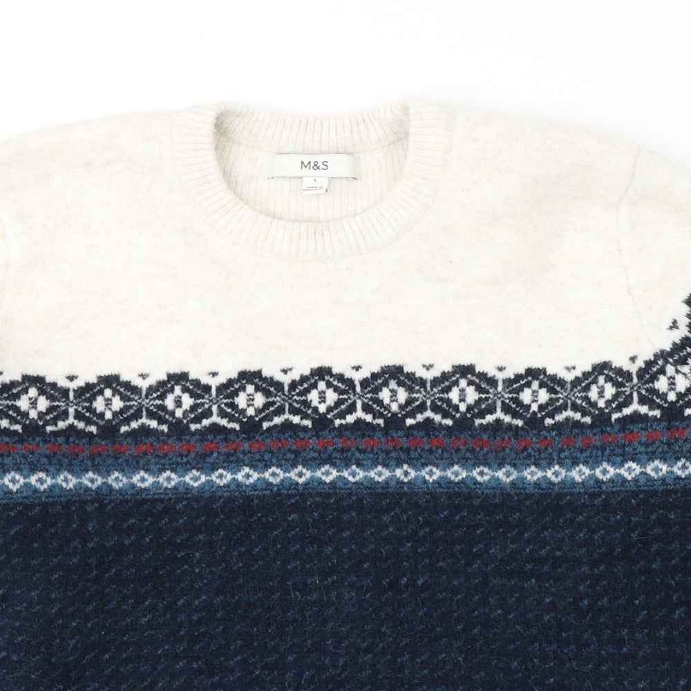 Marks and Spencer Womens Blue Round Neck Fair Isle Acrylic Pullover Jumper Size L