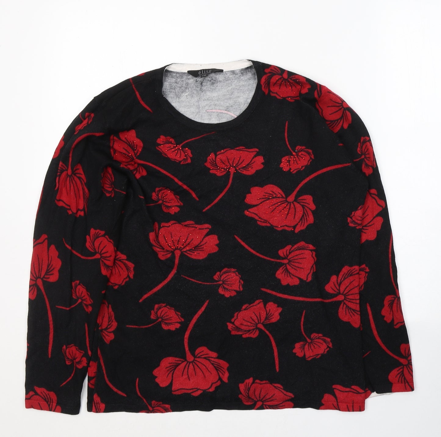 Elite Womens Black Floral Viscose Basic Blouse Size L Round Neck