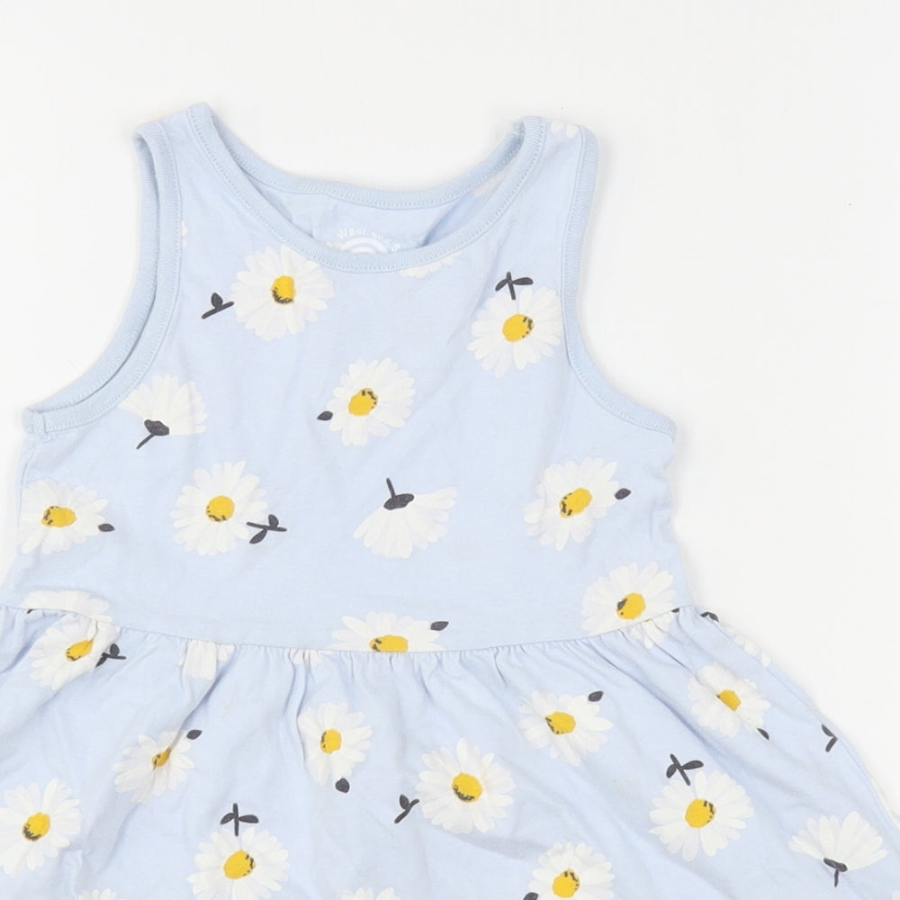 F&F Girls Blue Floral Cotton Fit & Flare  Size 4-5 Years  Round Neck