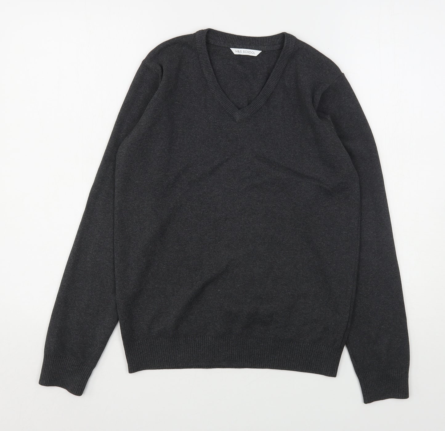 Marks and Spencer Boys Grey V-Neck  Cotton Pullover Jumper Size 13-14 Years   - School Wear