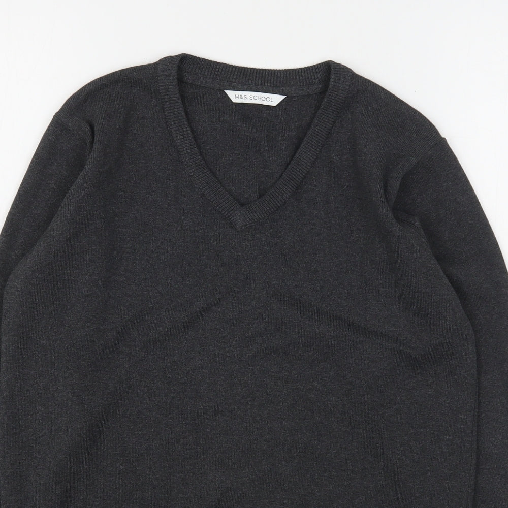 Marks and Spencer Boys Grey V-Neck  Cotton Pullover Jumper Size 13-14 Years   - School Wear