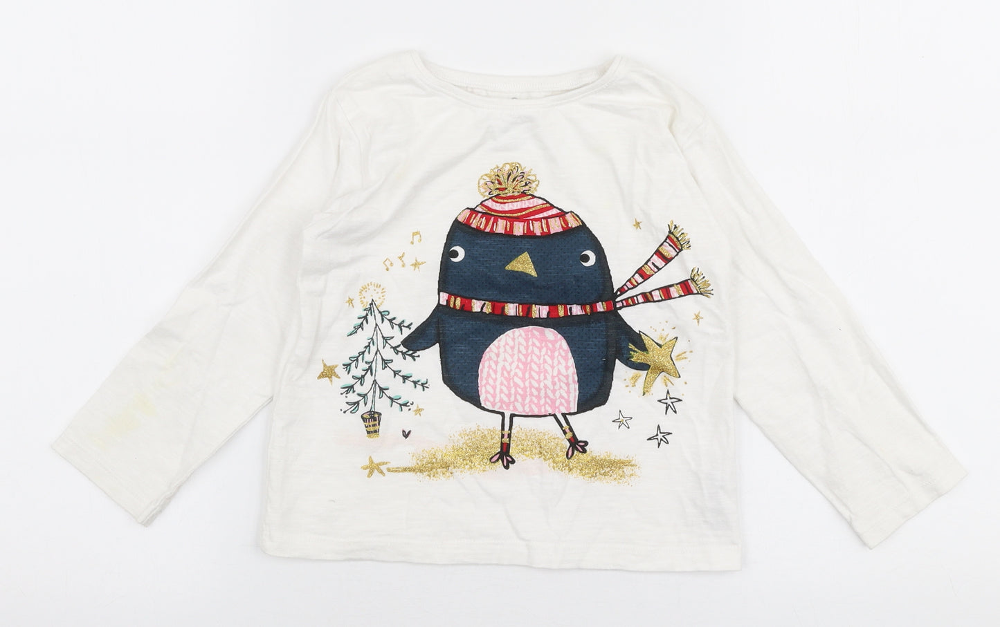 NEXT Girls White  100% Cotton Jersey T-Shirt Size 3-4 Years Round Neck Pullover - Penguin