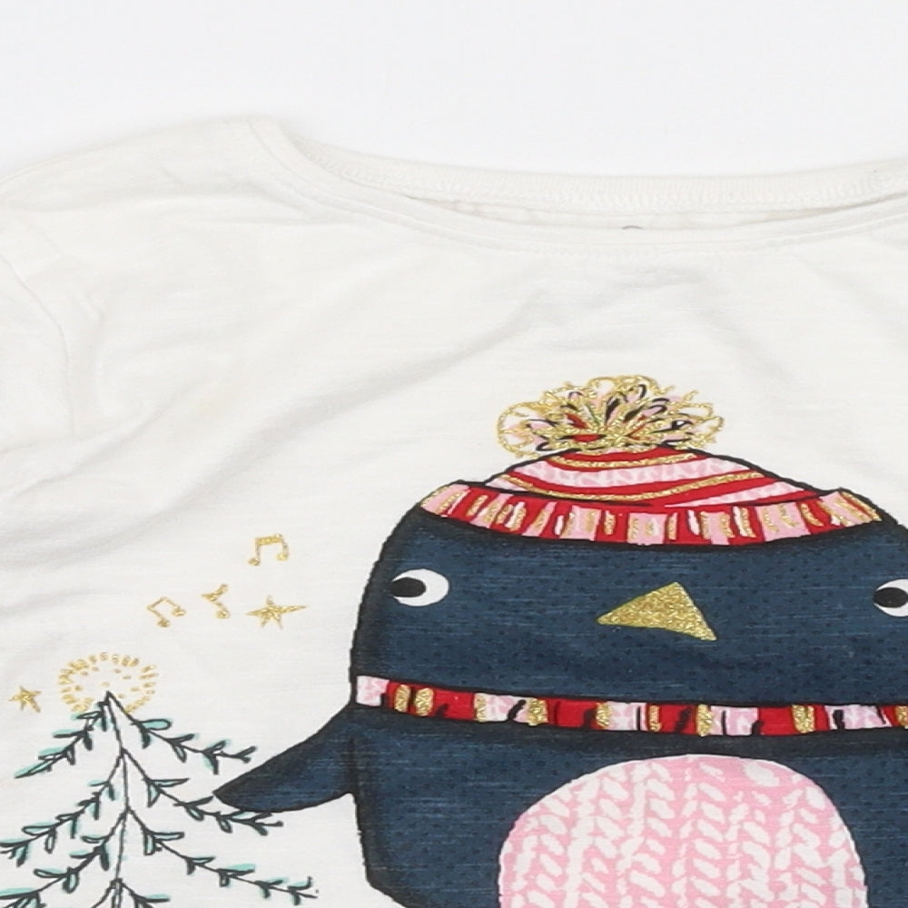 NEXT Girls White  100% Cotton Jersey T-Shirt Size 3-4 Years Round Neck Pullover - Penguin
