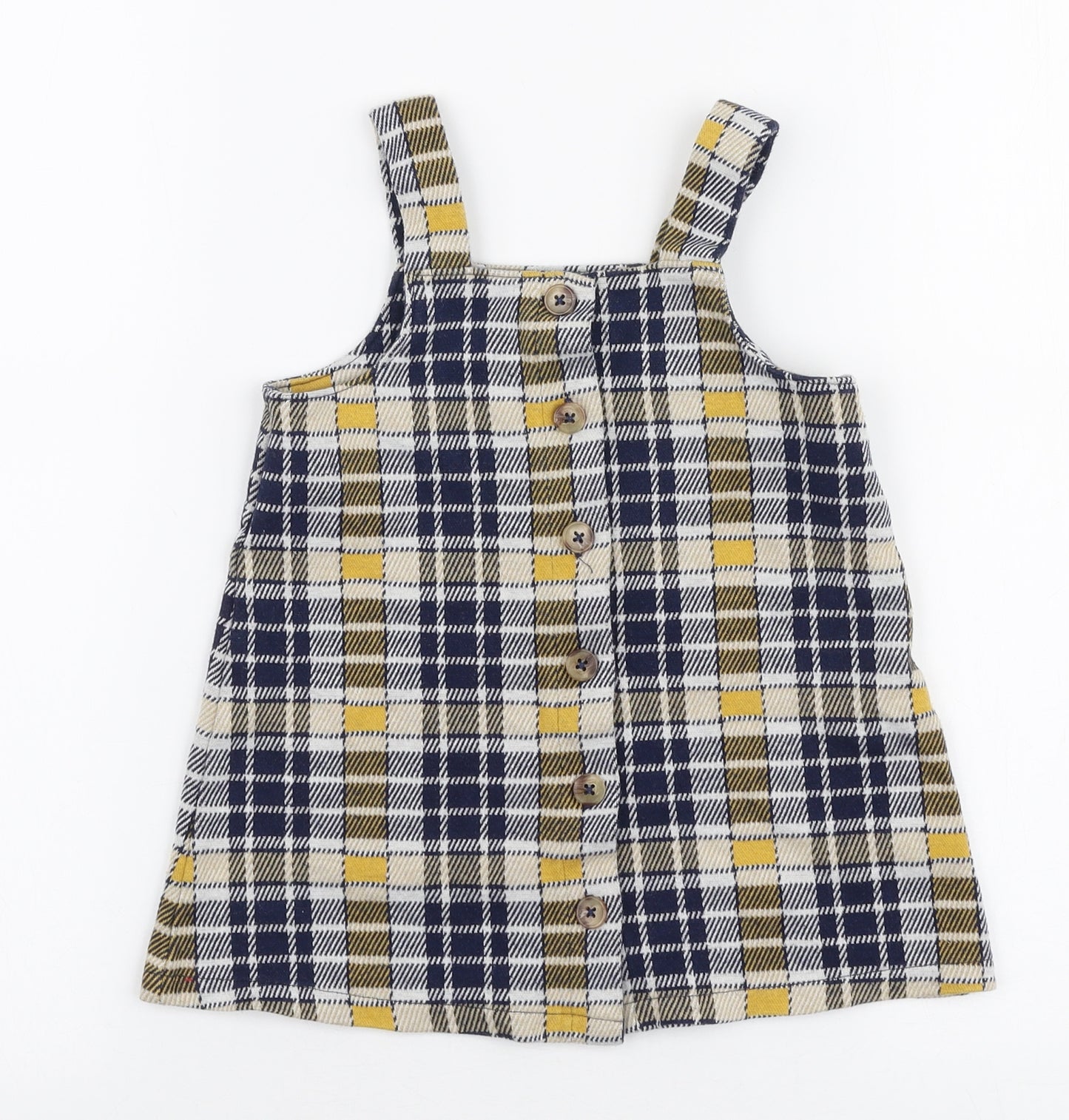 F&F Girls Multicoloured Plaid Cotton Pinafore/Dungaree Dress  Size 3-4 Years  High Neck Button
