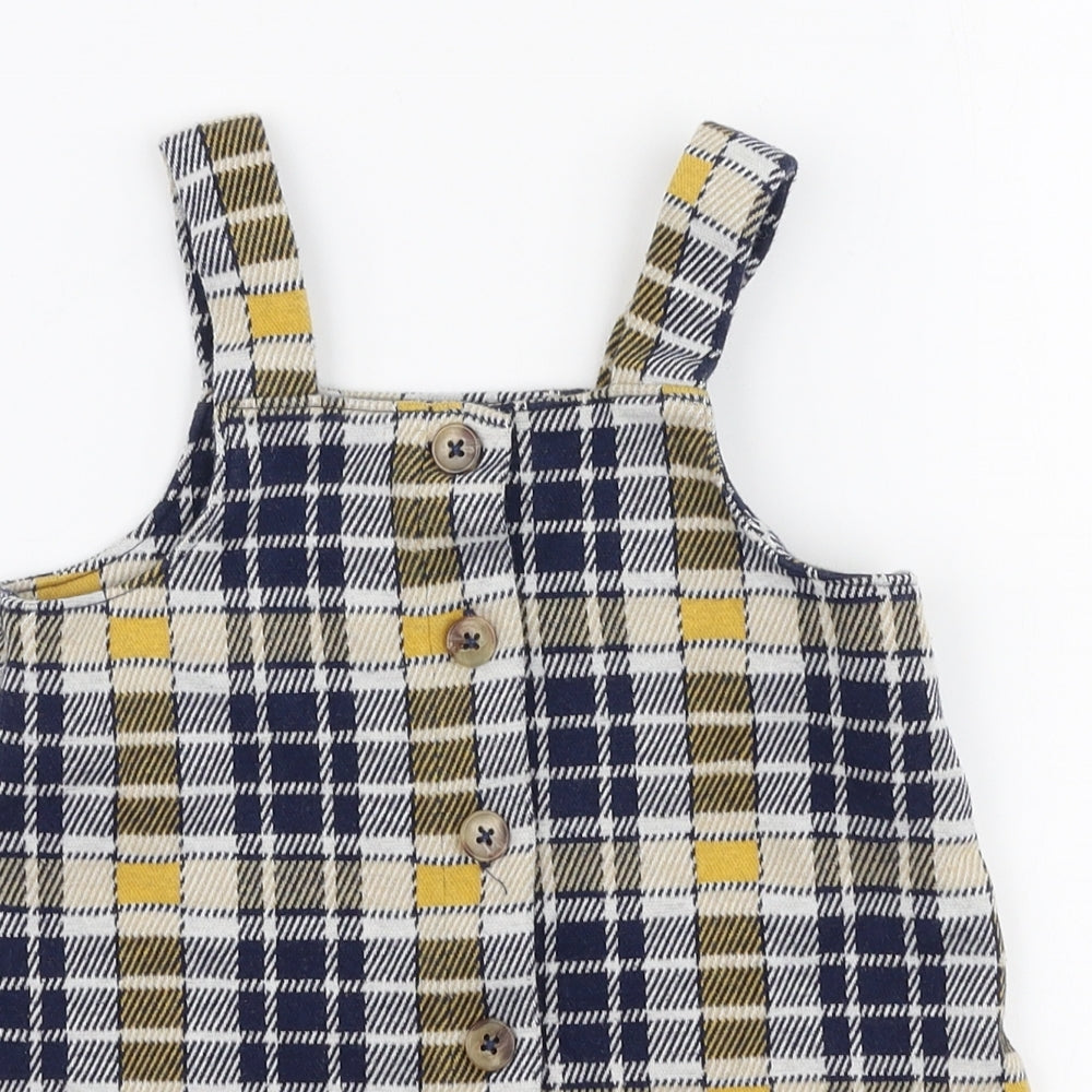 F&F Girls Multicoloured Plaid Cotton Pinafore/Dungaree Dress  Size 3-4 Years  High Neck Button