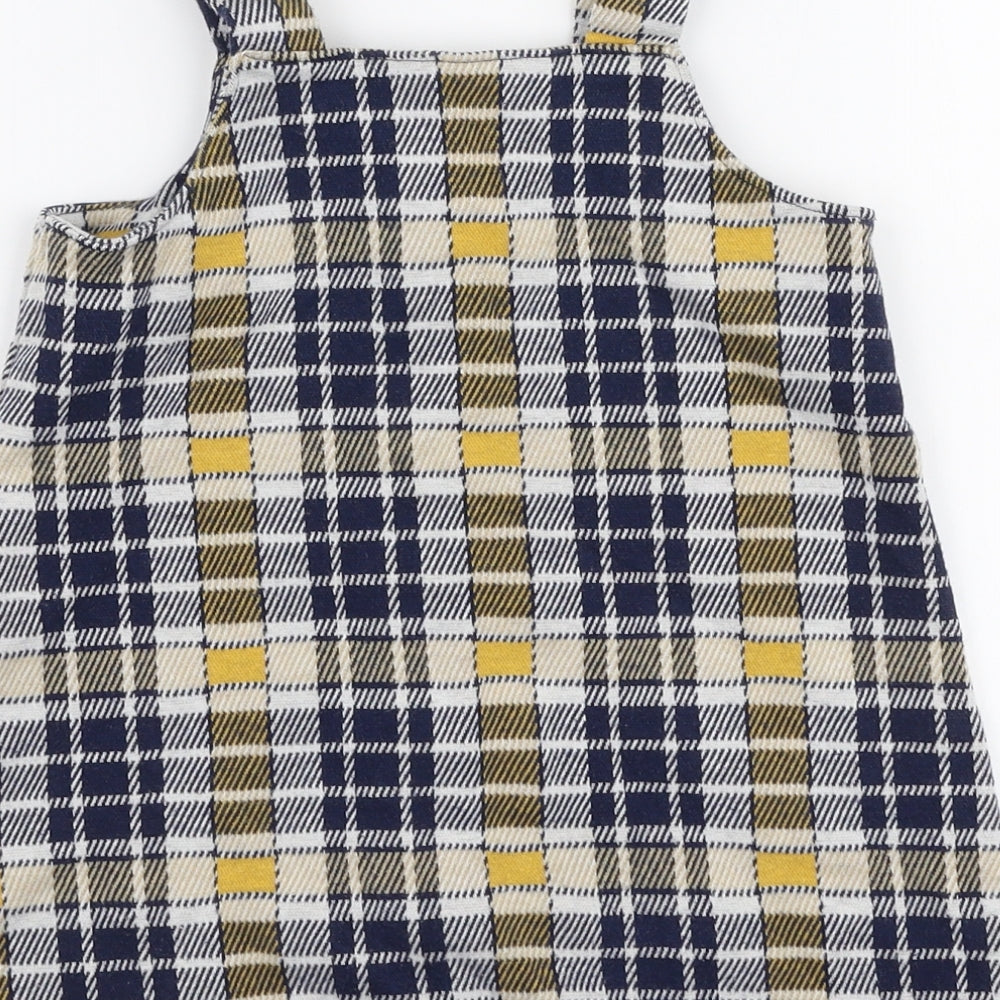 F&F Girls Multicoloured Plaid Cotton Pinafore/Dungaree Dress  Size 3-4 Years  High Neck Button