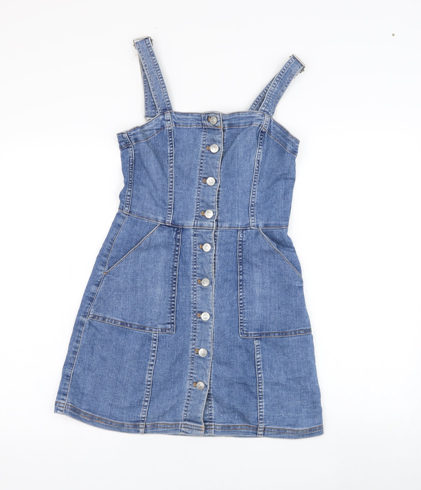 H&M Womens Blue  Cotton Pinafore/Dungaree Dress  Size 8  Square Neck Button