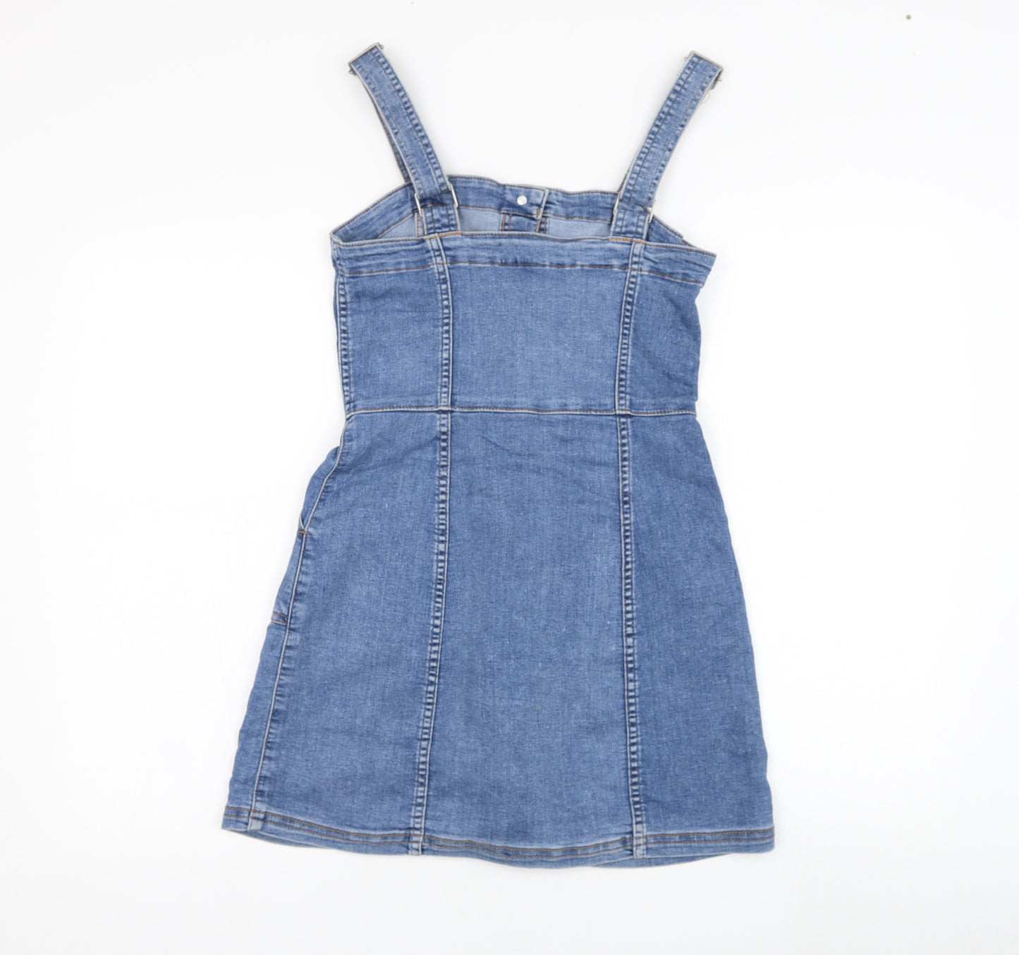 H&M Womens Blue  Cotton Pinafore/Dungaree Dress  Size 8  Square Neck Button