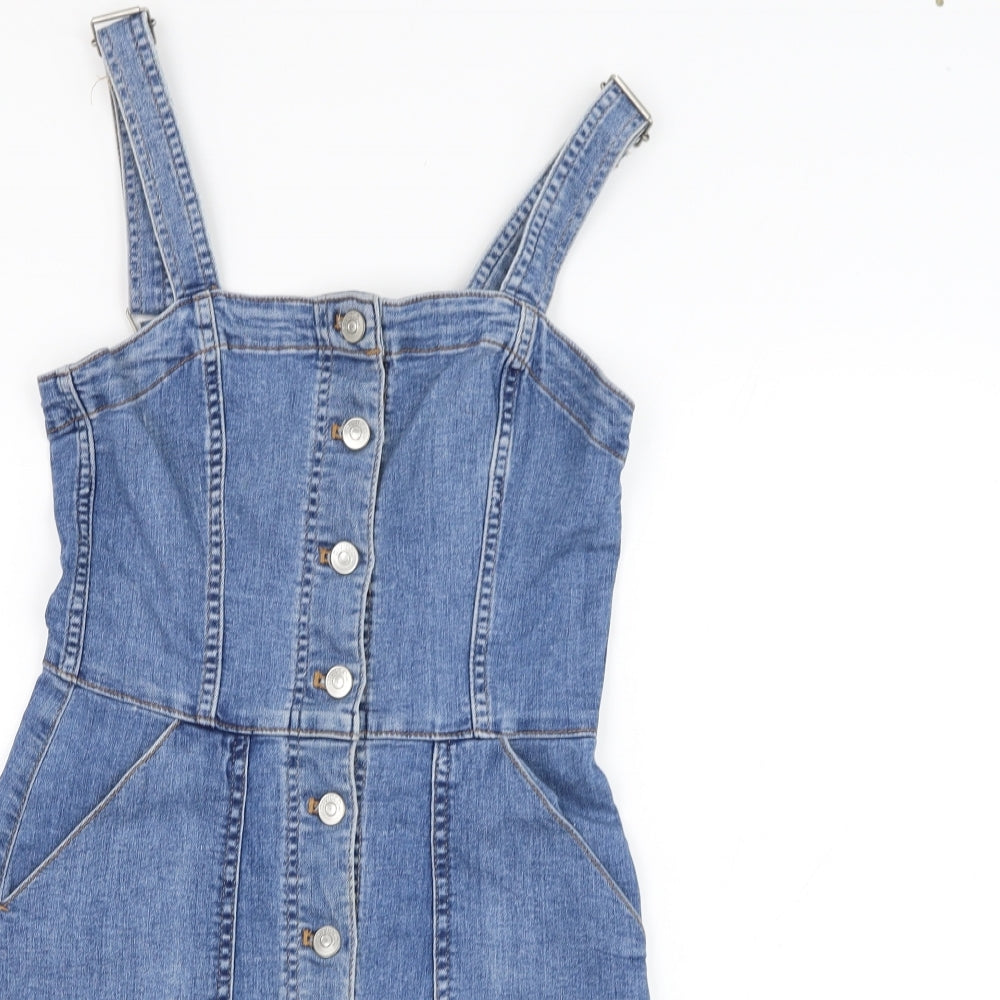 H&M Womens Blue  Cotton Pinafore/Dungaree Dress  Size 8  Square Neck Button