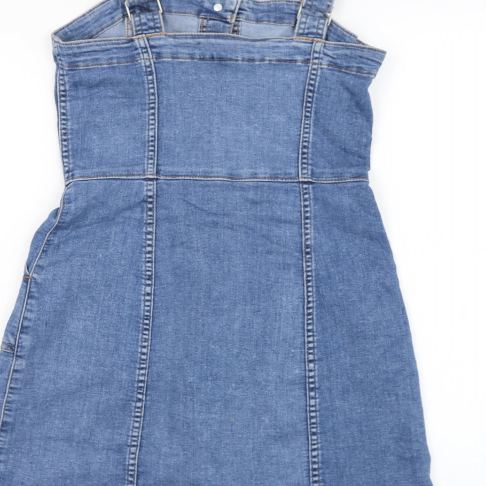 H&M Womens Blue  Cotton Pinafore/Dungaree Dress  Size 8  Square Neck Button
