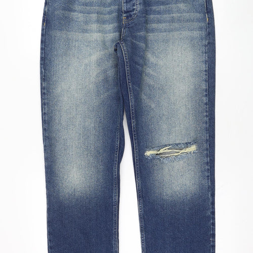 BoohooMAN Mens Blue  Cotton Straight Jeans Size 32 in L32 in Regular Zip