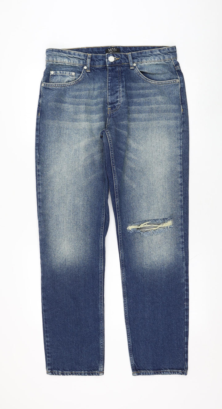 BoohooMAN Mens Blue Cotton Straight Jeans Size 32 in L32 in Regular Zip