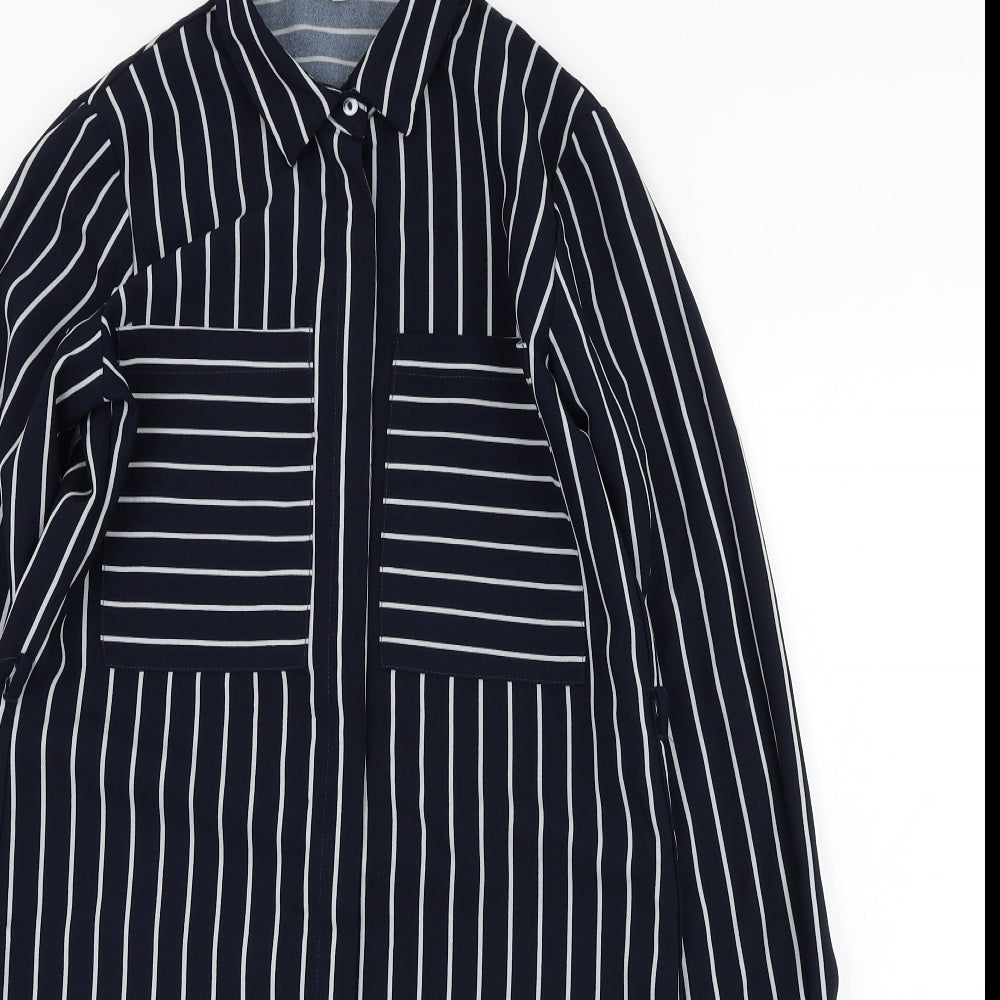 Oeuver Womens Blue Striped Polyester Shirt Dress  Size 8  Collared Button