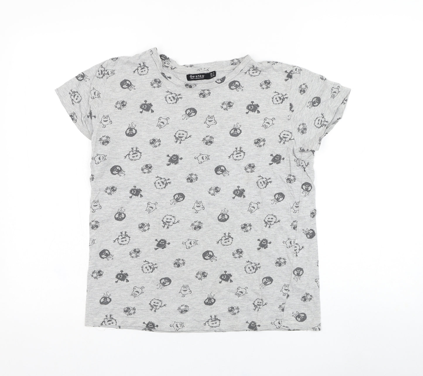Bershka Boys Grey  Cotton Basic T-Shirt Size M Round Neck Pullover - Monster