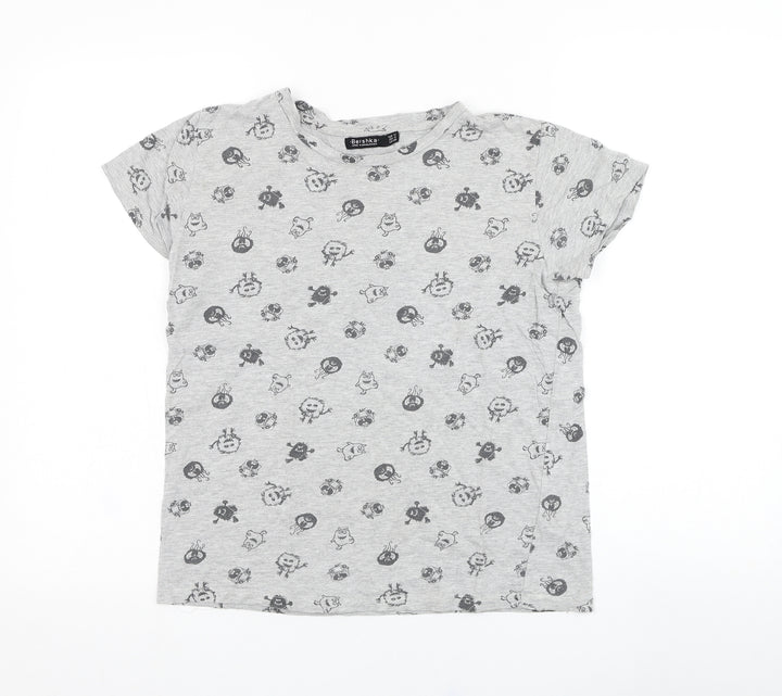 Bershka Boys Grey  Cotton Basic T-Shirt Size M Round Neck Pullover - Monster