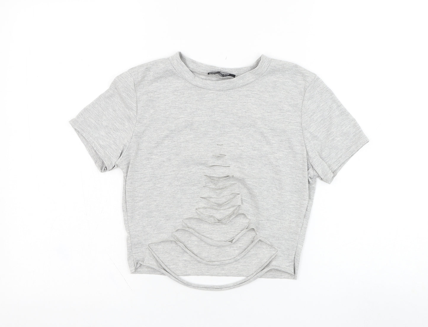 Stylewise Womens Grey  Cotton Cropped T-Shirt Size S Round Neck - Distressed